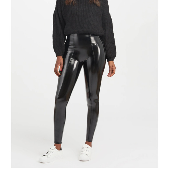 New Spanx Petite Small Faux Patent Vegan Leather Legging Black High Rise - Picture 1 of 12